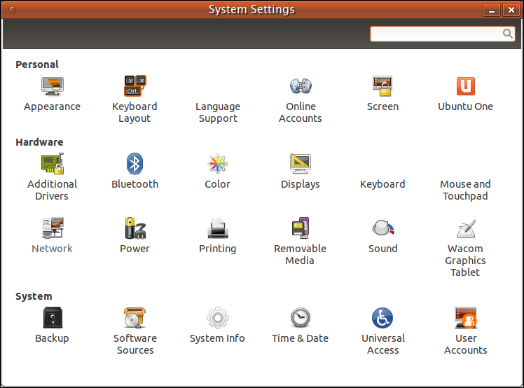System Settings Pane of Ubuntu 11.10